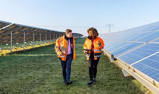 workers inspecting a field of solar panels